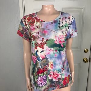 Vintage y2K Jessica Max Shirt Tank Top Large Baby Tee Asian Bird Floral E3-4